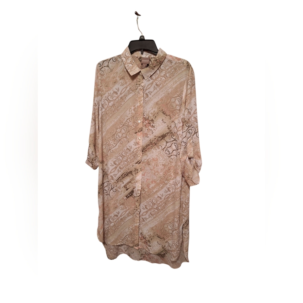 Light Pink Patterned Button-Up Tunic Shirt